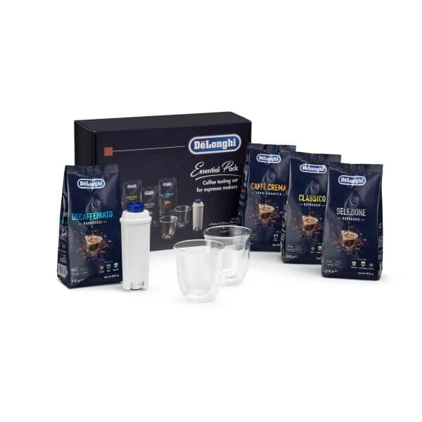 Pack essentiel DeLonghi avec café en grains De'Longhi 4x250 g, tasses Cappuccino x2 et filtre à eau