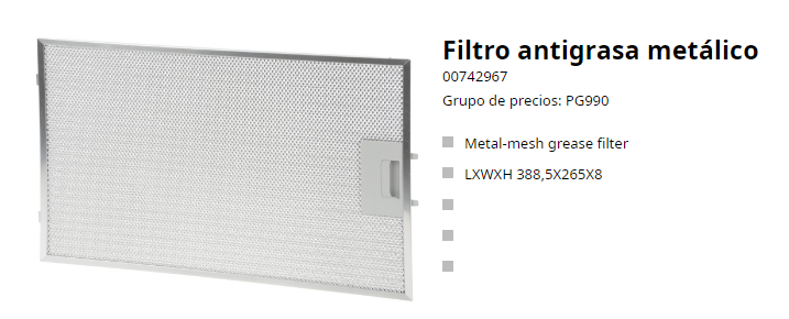 Filtro antigrasa de campana extractora Balay, Pitsos 00742967 388x265x9mm