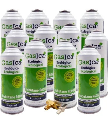 Pack 12 botellas gas refrigerante GASICA D2 - R12 R134a + llave de servicio