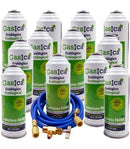 Pack 12 botellas gas refrigerante GASICA D2 - R12 R134a + manguera carga 5/16"x1/4" + válvula