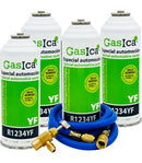 Pack 4 botellas gas refrigerante GASICA YF - R1234yf + manguera carga 1/4"x1/4" + válvula